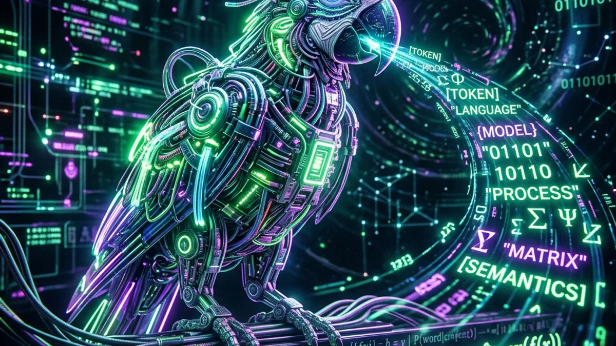 A futuristic cybernetic parrot processing mathematical language tokens